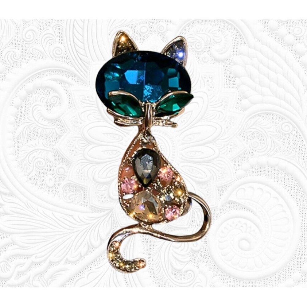 Cat Siluet pin Large Blue faceted Gemstone & Rhinestones 2.5 in Statement Brooch - Picture 2 of 10
